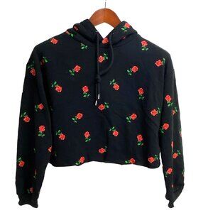 Forever 21 Black Cropped Hoodie With Printed Red Roses Size S